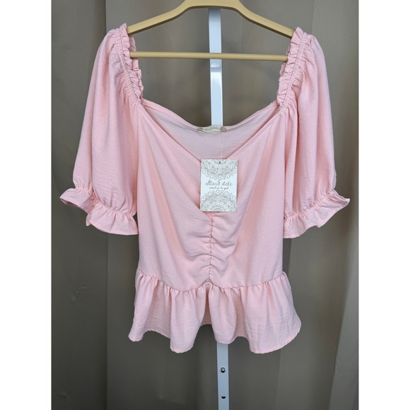 Altar'd State Tops - NWT Altar'd State Dusty Pink Ruched Peplum Top Puff Sleeve Blouse L